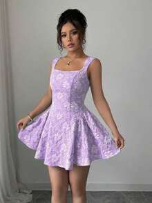 Vestido mini azul de mujer con cuello ancho, sin mangas, cintura recogida y textura de jacquard, elegante y romántico para graduación, baile de graduación, fiesta, festival de música, vacaciones - Púrpura malva - Ver 4
