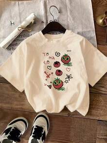 Patrón de expresión de tomate estilo caricatura combinado con estrellas, corazones y otros símbolos decorativos. Nueva camiseta de verano para mujer, camiseta de manga corta, camiseta estampada casual y a la moda para mujer, ropa elegante para mujer - Camiseta de algodón holgada de manga corta con cuello redondo estilo vintage urbano unisex, blusas para mujer. blusas.blusas casuales para dama. - Albaricoque - Ver 6