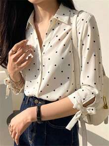 Nueva blusa de manga larga abullonada con cuello Peter Pan, color azul dopamina, para mujer, con estampado de lunares, ideal para salidas. - Blanco - Ver 6