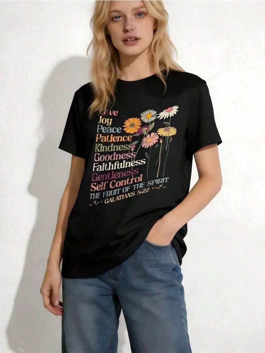 Women's Plus Size Casual T-Shirt, "The Fruit Of The Spirit" Print, Galatians, Christian Cross, Jesus 22 - All Season Casual T-Shirt - Gift Idea, Festive T-Shirt, Fun Design T-Shirt, Comfortable Fabric, Graphic Print T-Shirt, 100% Cotton, Durable - 黑色 - 查看 1