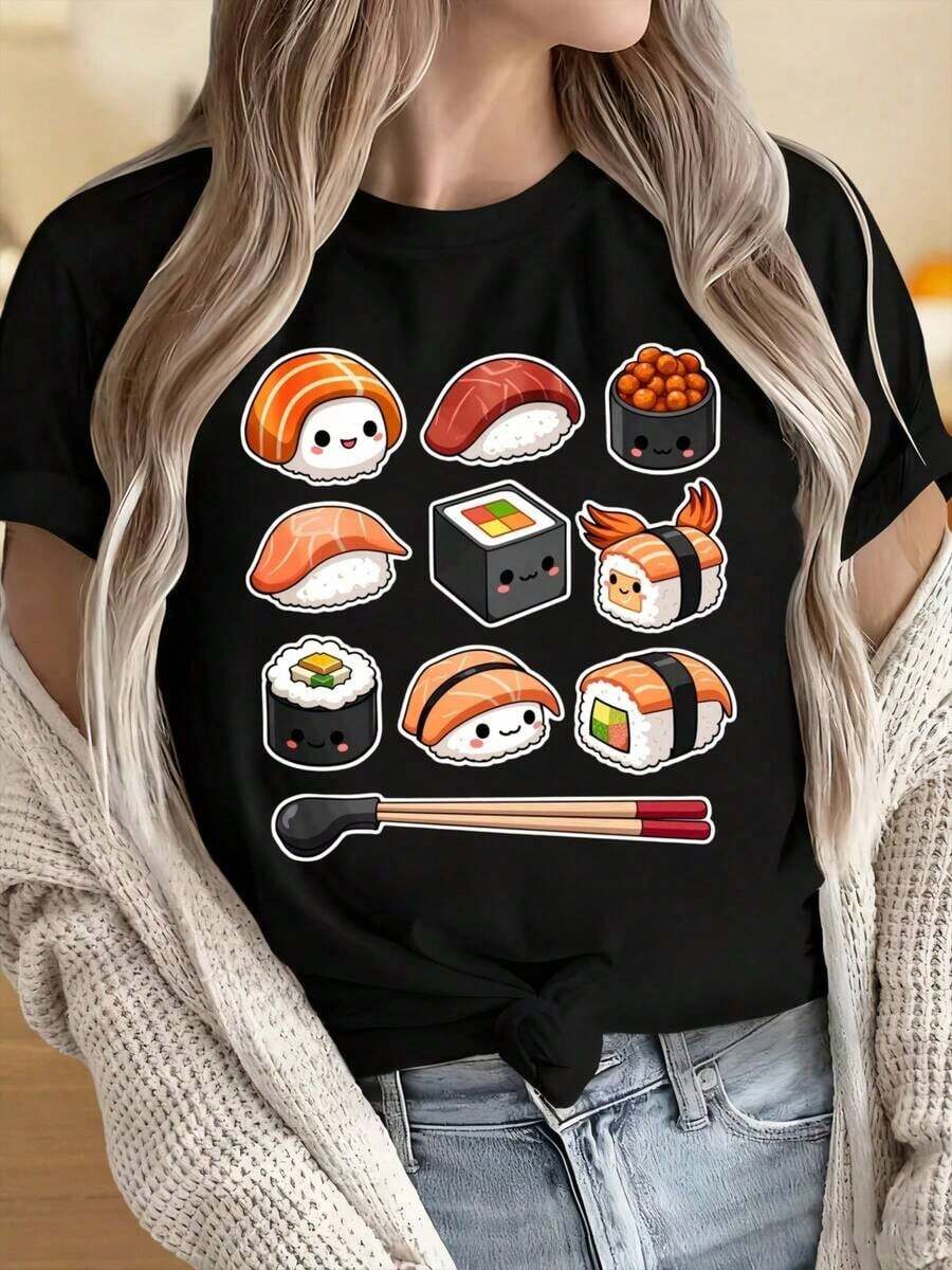 Camiseta de Mujer con Estampado Gráfico - Manga Corta, Cuello Redondo, Estilo Casual con Diseño de Sushi y Fideos, Negra con Ilustraciones Coloridas, Perfecta para Primavera y Verano, Camiseta de Verano | Diseño Divertido | Durable Fabricblusas para mujer - Negro - Ver 1