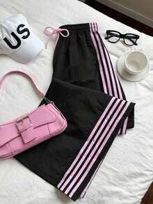 Pantalones de chándal casuales y holgados con cintura elástica y rayas laterales marrones para mujer - Negro - Ver 7