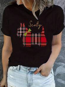 Women's Plus Size 100% Cotton Printed Crew Neck T-Shirt, Casual Plus Size T-Shirt For Women - Geometric And Tartan Print With Scotty Dog, Short Sleeve Crew Neck, Soft And Stretchy Fabric, Machine Washable, All Season Comfort, Non-See-Through Material, Relaxed Fit, Blouses For Ladies - 黑色 - 查看 1