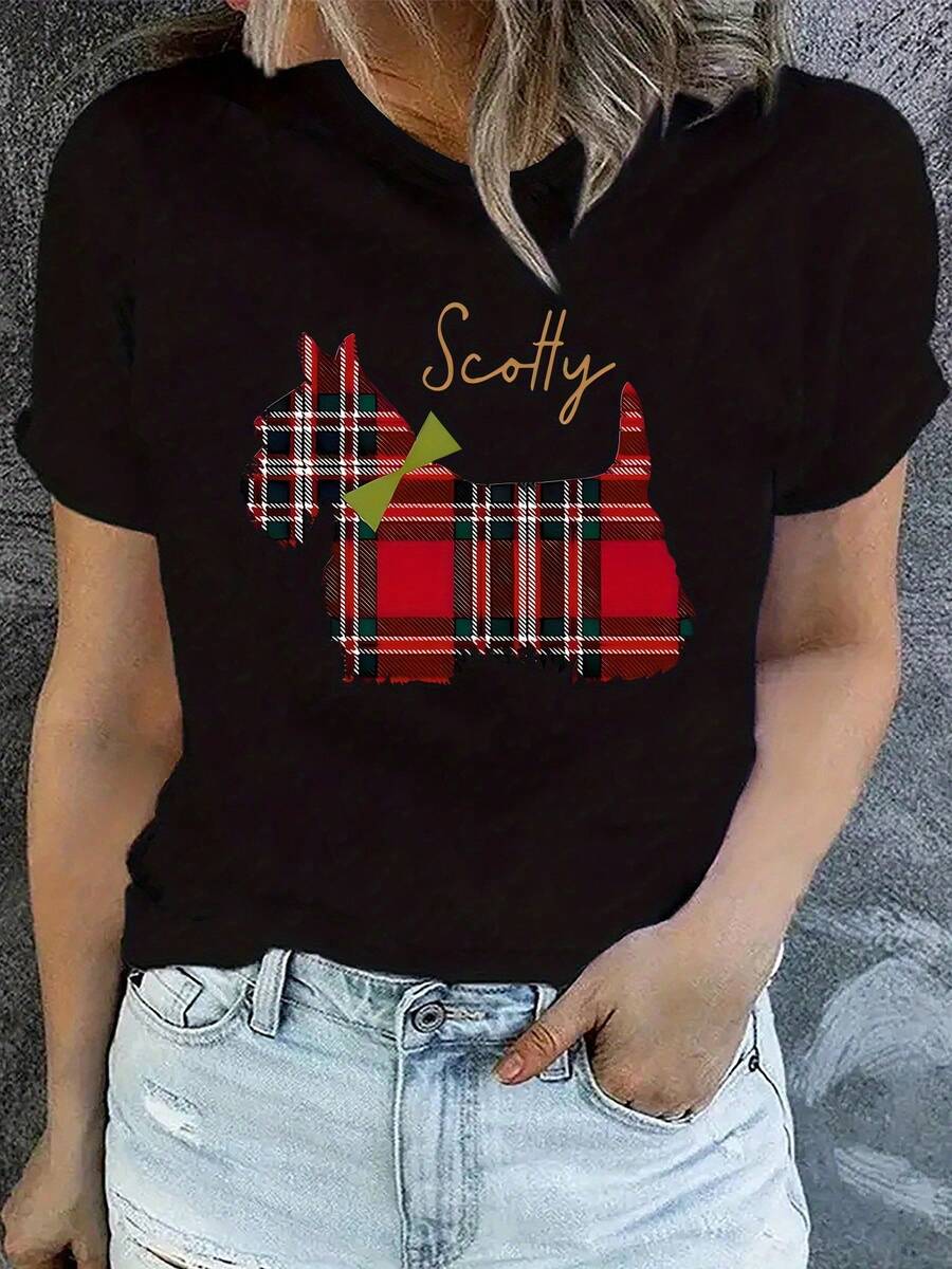 Women's Plus Size 100% Cotton Printed Crew Neck T-Shirt, Casual Plus Size T-Shirt For Women - Geometric And Tartan Print With Scotty Dog, Short Sleeve Crew Neck, Soft And Stretchy Fabric, Machine Washable, All Season Comfort, Non-See-Through Material, Relaxed Fit, Blouses For Ladies - 黑色 - 查看 1