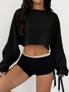 Women's Loose-Fitting Solid Color Crop Top, Black, Spring - 黑色 - 查看 2