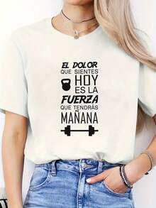 Camiseta estampada para mujer 2026, con patrones de letras y equipos de gimnasio de dibujos animados, camiseta de manga corta con cuello redondo, transpirable, cómoda, suave, informal, de moda para mujer, ideal para deportes al aire libre y fitness en verano. - Blanco - Ver 7