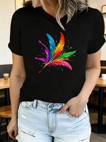 Camiseta de verano para mujer de manga corta con estampado, moderna y casual, lavable a máquina, ajuste cómodo con estampado plano 2D. - Negro_05 - Ver 12