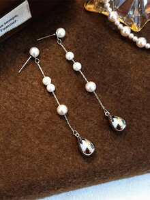 1 Pair Silver Water Drop Pearl Long Tassel Earrings, Fashionable Exquisite Unique Design Niche Versatile High-End - Silver - View 5