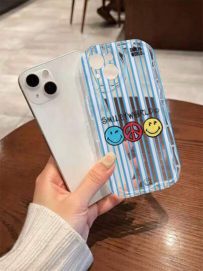 Smiley World SmileyWorld® 1件裝 避震全包覆防摔相機保護殼，TPU材質手機殼，笑臉字母與藍色條紋圖案，新設計適用於 Iphone Xs/Xsmax/Xr11/12/13/14/15/16/17Pro Max