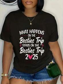 Graphic Tee Size For Best Friends Trip 2025 - Funny Best Friends Vacation Tee With The Phrase "What Happens On A Best Friends Trip?", Matching Tees For Groups Of Men And Women, Black With Pink And White Lettering, Regular Fit Crew Neck For Bachelorette Parties And Travel Planners - Machine Washable All-Season Clothing, Casual Wear, Fun Casual Style, Comfortable Fit Tee - 黑色 - 查看 2