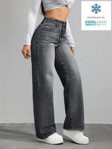 Pantalones vaqueros para mujer de pierna ancha y ajuste holgado con bolsillos para uso diario - Gris - Ver 5