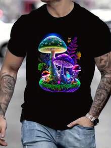 Men's Black Short Sleeve T-Shirt With Neon Mushroom Hedge Graphic - Summer Streetwear Style Tee, Regular Fit, Crew Neck, Vibrant Pop Culture Design, Machine Washable, Casual Wear With Vibrant Graphic - 黑色 - 查看 6