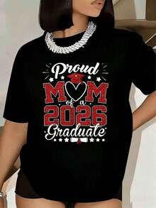 Women's T-Shirt Proud Mom Of A 2026 Graduate Graduation Cap Design With Heart Short Sleeve Round Neck Mother's Graduation Celebration T-Shirt 220g - 黑色 - 查看 5