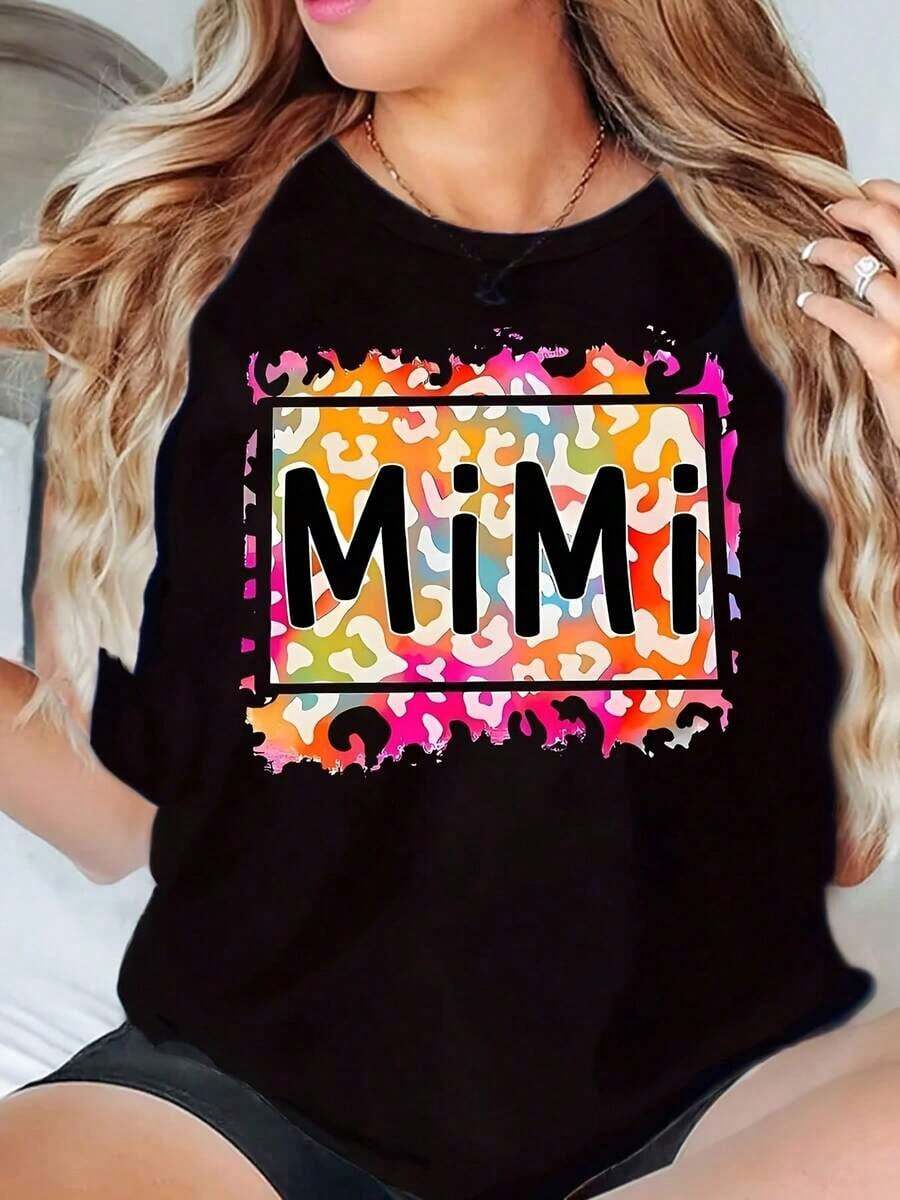 New Women's Summer Casual T-Shirt, Round Neck, Colorful Abstract Print, Mimi Graphic T-Shirt, 220g Summer Casual Top - Vintage Urban Style, Unisex, Loose Fit, Cotton, Short Sleeve, Round Neck - 黑色 - 查看 1
