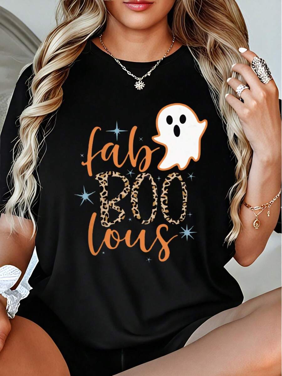 Women's Halloween T-Shirt 100% Cotton - Round Neck T-Shirt With "Boo" Lettering And Bat Print, With Star Design, Beige And Orange Color, Ideal For Casual Autumn Parties, Soft T-Shirt Suitable For All Seasons, Ideal For Parties And Casual Wear (Designed By Fab Boo Lous) - 100% Cotton T-Shirt, Breathable For Casual Daily Wear. - 黑色 - 查看 1