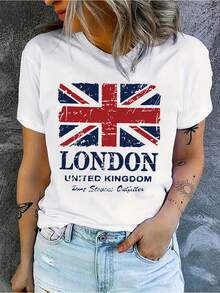 Fashionable Graphic T-Shirt With The Flag Of The City Of London, United Kingdom, With Printed Design, Casual Short Sleeve Round Neck Top For Summer And Spring, Cotton T-Shirt For Women. - 白色 - 查看 7