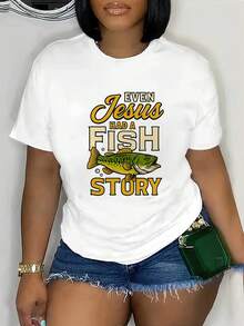 Plus Size - Women's Casual T-Shirt With A Fun Fishing Motif - "Even The Story Of A Fish" Design, Breathable Short-Sleeve Crew Neck Top, Perfect For Spring And Summer, White With A Vibrant Fish Print, Lightweight And Comfortable, Suitable For Spring Fashion. | Interesting - 白色 - 查看 6