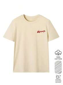 Camiseta de manga corta con cuello redondo y estampado de letras para mujer, estilo casual, versátil para vacaciones y uso diario, camiseta gráfica esencial de estilo urbano, ropa casual de verano para exteriores, color blanco. - Albaricoque - Ver 3