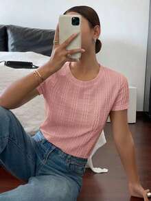 Camiseta de cuello redondo de manga corta de unicolor para mujer, versátil para el verano - Rosa - Ver 6
