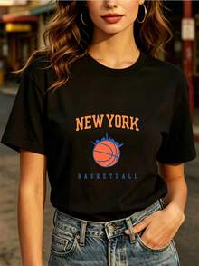 Fashionable Tops For Everyday Wear | 180g New York Basketball Jersey, Suitable For Summer Family Gatherings. | Casual Crew Neck T-Shirt, A Great Gift Option For American Team Fans. | Lightweight And Comfortable Women's Tops, Suitable For Team-Building Activities. - 黑色 - 查看 1