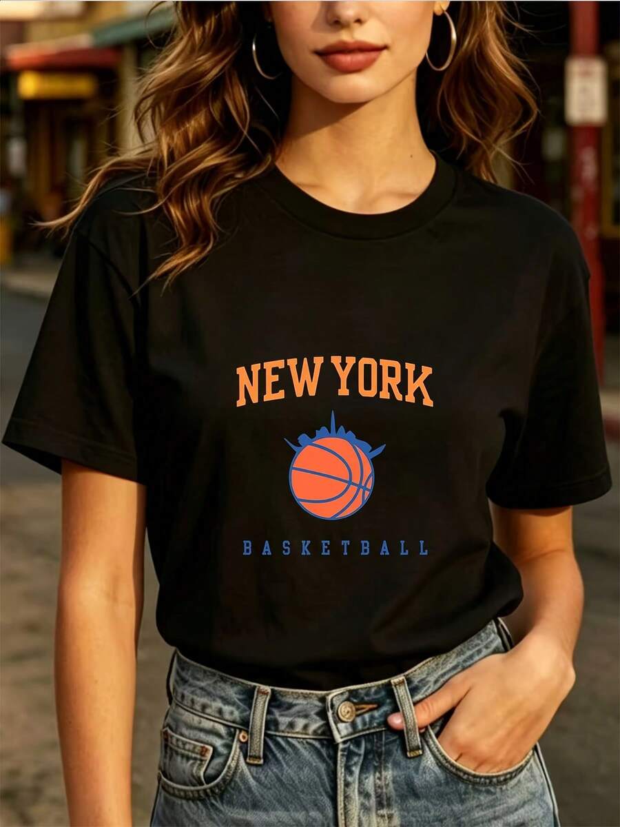 Fashionable Tops For Everyday Wear | 180g New York Basketball Jersey, Suitable For Summer Family Gatherings. | Casual Crew Neck T-Shirt, A Great Gift Option For American Team Fans. | Lightweight And Comfortable Women's Tops, Suitable For Team-Building Activities. - 黑色 - 查看 1