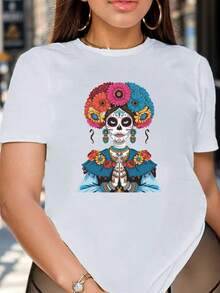 Women's T-Shirt - Mexican Day Of The Dead Print T-Shirt - Casual White Round Neck Blouse, Lightweight For Everyday Wear And Halloween Parties, Machine Washable, Fitted Style With Artistic Design, Fashionable T-Shirt, Breathable Design, A Must-Have For Festive Outfits. - 白色 - 查看 12