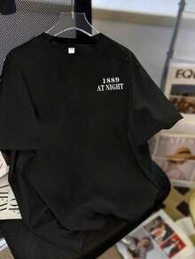 Loose-Fitting, Minimalist Short-Sleeved T-Shirt With An Artistic Print; Versatile Crew Neck Sweater, Suitable For Summer; Can Be Given As A Gift To Family - Vintage Street Style Unisex Cotton Short Sleeve Crew Neck T-Shirt - 黑色 - 查看 2