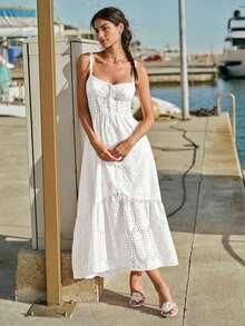 Vestido de tirantes informal de unicolor con bordado hueco para vacaciones de mujer - Blanco - Ver 8