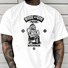 Short-Sleeved T-Shirt With Biker Print And Text - 白色 - 查看 4