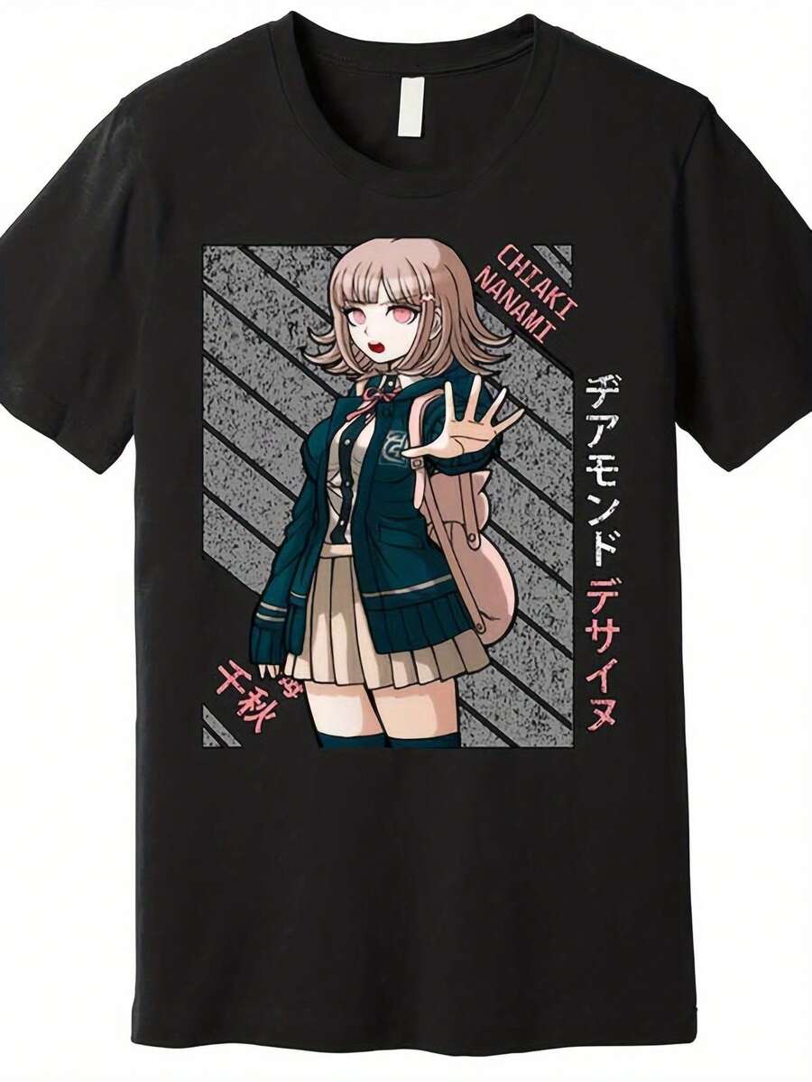 Super Anime Graphic T-Shirt, Unisex, Premium Cotton, Casual Design, Japanese Text, Regular Fit, Short Sleeve, Machine Washable, Black, Anime Fan Clothing For All Seasons - 黑色 - 查看 1
