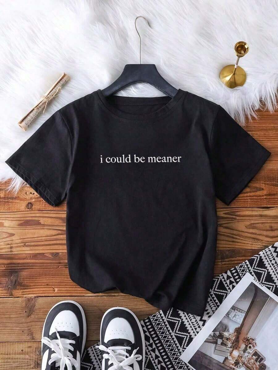 It Could Be Worse, Funny Phrase, Women's Casual Crew Neck Short Sleeve T-Shirt, Humorous Slogan T-Shirt, Loose Fit Summer T-Shirt - 黑色 12 - 查看 1