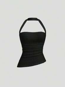 Camiseta de mujer de cuello halter liso, casual para uso diario estilo Y2K - Negro - Ver 6