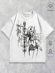 ROMWE MEN Anime Camiseta gráfica oscura con estampado lavado blanco para hombre Y2K - Blanco - Ver 9
