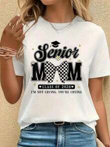 1 Piece Of Spring/Summer Clothing, 100% Pure Cotton, Funny T-Shirt With "Proud Mom Of A 2026 Graduate, Class Of 2026" Print, For Women, Comfortable And Cozy Summer Styles, Women's Holiday Outfits, Suitable For Women's Casual Daily Wear, 180g 100% Cotton. - 白色 - 查看 9