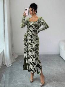Vestido con estampado floral de primavera y verano, vestido elegante de manga larga transparente con dobladillo de sirena ajustado para festival de música, boda, fiesta, vestido de paseo - Verde - Ver 9