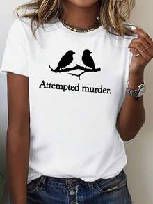 Camiseta de cuello redondo con estampado de pájaros, top casual de manga corta para primavera y verano, ropa de mujer - Blanco - Ver 2