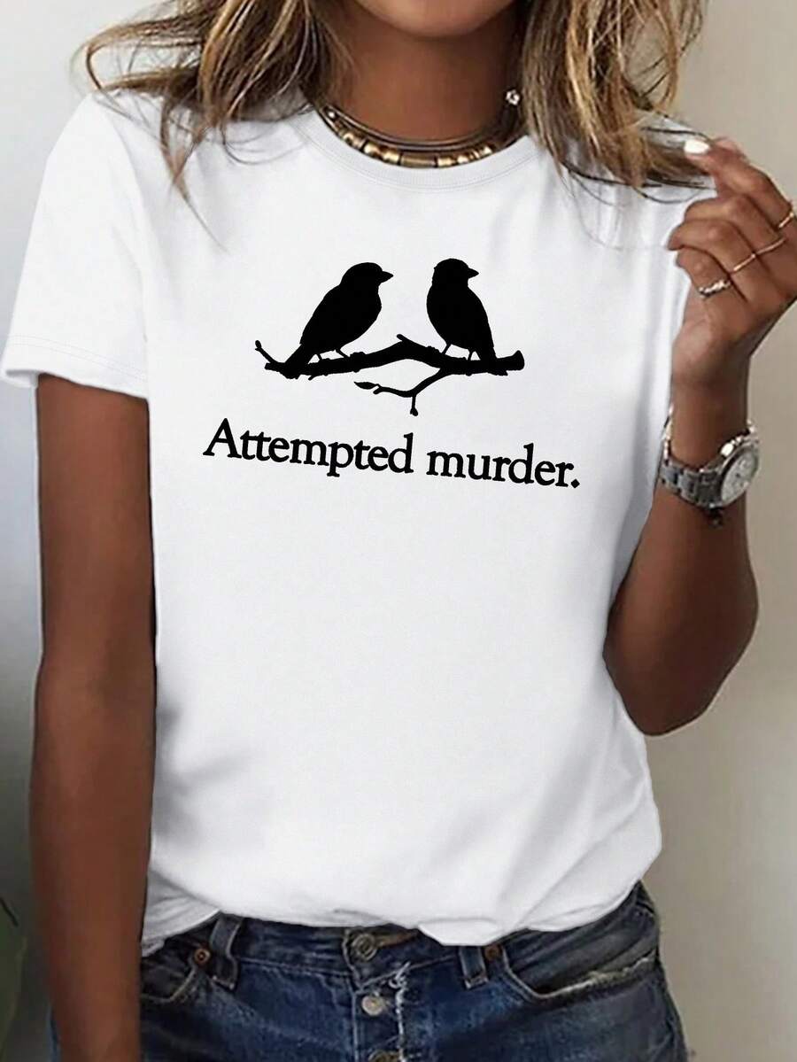 Camiseta de cuello redondo con estampado de pájaros, top casual de manga corta para primavera y verano, ropa de mujer