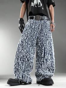 Men's Blue Loose Wide Leg Jeans,Korean Fashion High Street Stylish Design,Match For Daily Wear,For All Seasons(No Belt/Accessories Included) - Blue - View 3