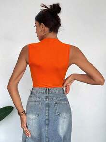Body sin mangas para mujer con cuello alto y pliegues casuales de verano - Naranja - Ver 2