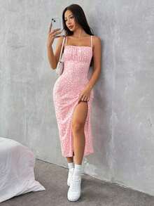 Vestido de playa para mujer con tirantes spaghetti y divisiones de tejido de punto impreso - Rosa Pálido - Ver 2