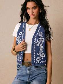 Chaleco de mezclilla con bordado floral para mujer, chaqueta de mezclilla bohemia azul para mujer, chaqueta de mezclilla de frente abierto de moda, parte superior de verano linda para conciertos country Y2K, salir, vintage, otoño - Azul lavado medio - Ver 4