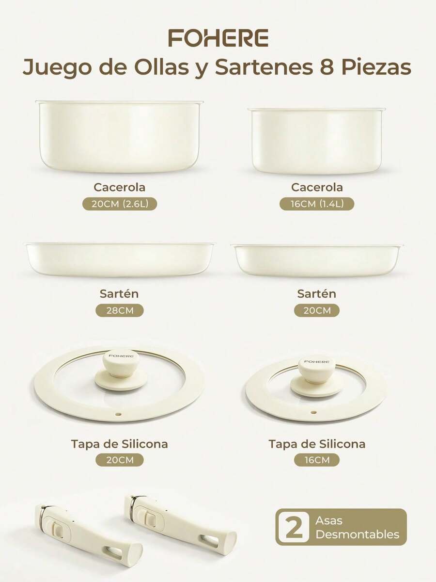 8-Piece Pot Set With 2 Removable Handles And 2 Lids, Frying Pan 20/28CM, Pot 2.6/1.4L, Induction Pot Set For All Stove Types, Non-Stick Coating - 查看 1