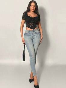 Camiseta corta estampada con cordón frontal - Negro 2 - Ver 5