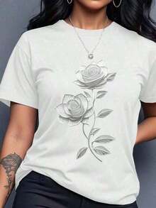 1 Piece Of Summer Clothing, Casual T-Shirt For Women With Leopard Print And Lettering, Round Neck, Short Sleeve, Loose And Comfortable, Benito Bowl Style T-Shirts, Loose And Comfortable, Summer Sets For Women, 100% Cotton, 180g. - 白色 - 查看 1