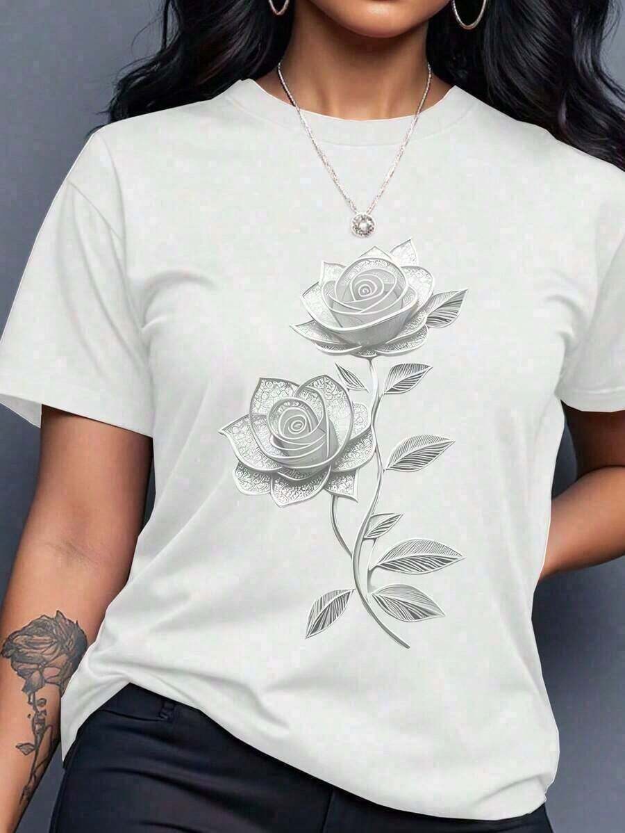 1 Piece Of Summer Clothing, Casual T-Shirt For Women With Leopard Print And Lettering, Round Neck, Short Sleeve, Loose And Comfortable, Benito Bowl Style T-Shirts, Loose And Comfortable, Summer Sets For Women, 100% Cotton, 180g. - 白色 - 查看 1