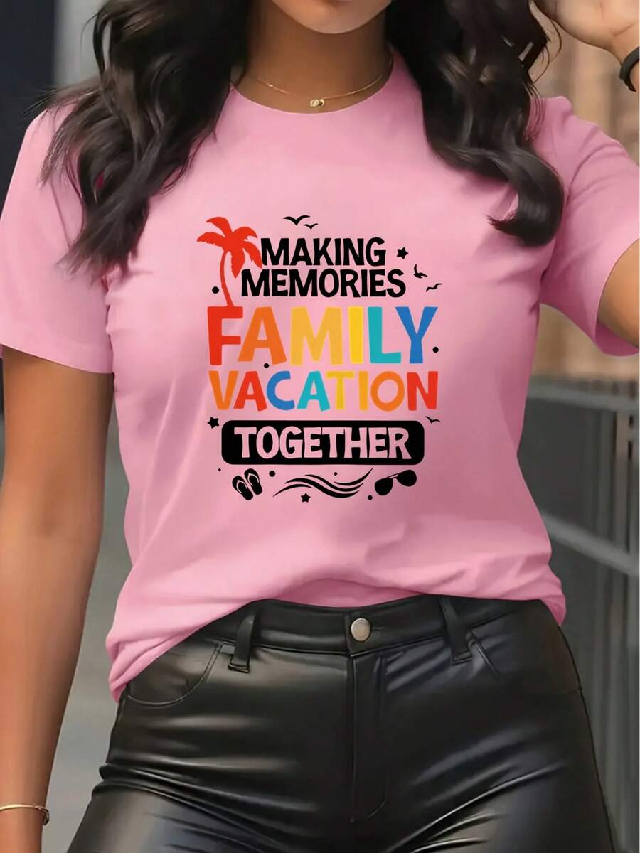 Camiseta de manga corta para mujer, vibrante y colorida - Con un estampado fresco de vacaciones familiares, lavable a máquina, crea un estilo casual y relajado sin esfuerzo, diseño de cuello redondo, adecuada para usar durante todo el año, disponible en varios colores y tallas - Rosa - Ver 1