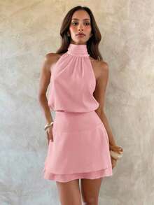 Vestido de mujer sexy y elegante con cuello halter, cintura de gasa y drapeado - Rosa Pálido - Ver 4