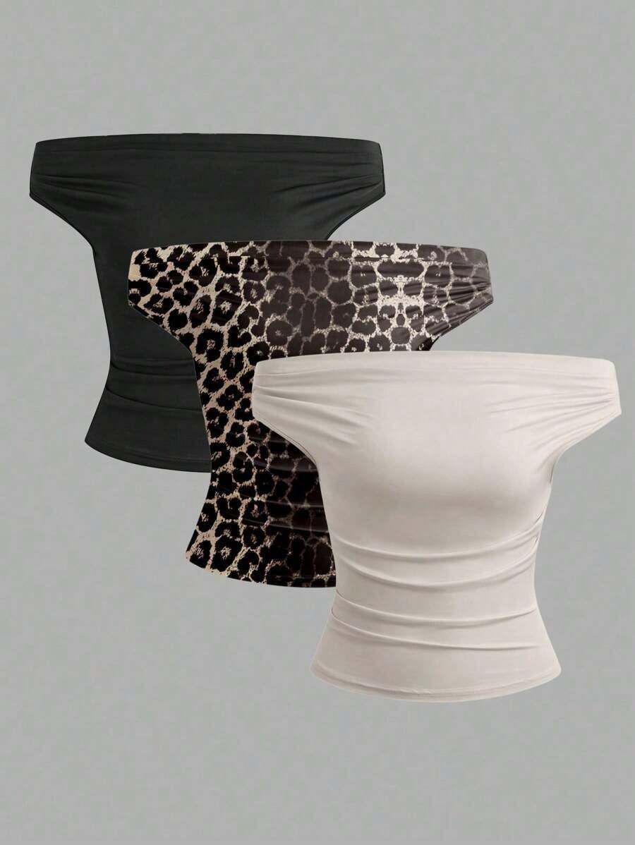 Sweetro Top casual con hombros descubiertos y pliegues de unicolor, otoño - Multicolor 18 - Ver 1