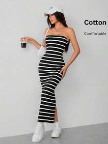 Vestido de mujer con rayas tejidas y top tubular - Blanco y Negro - Ver 9