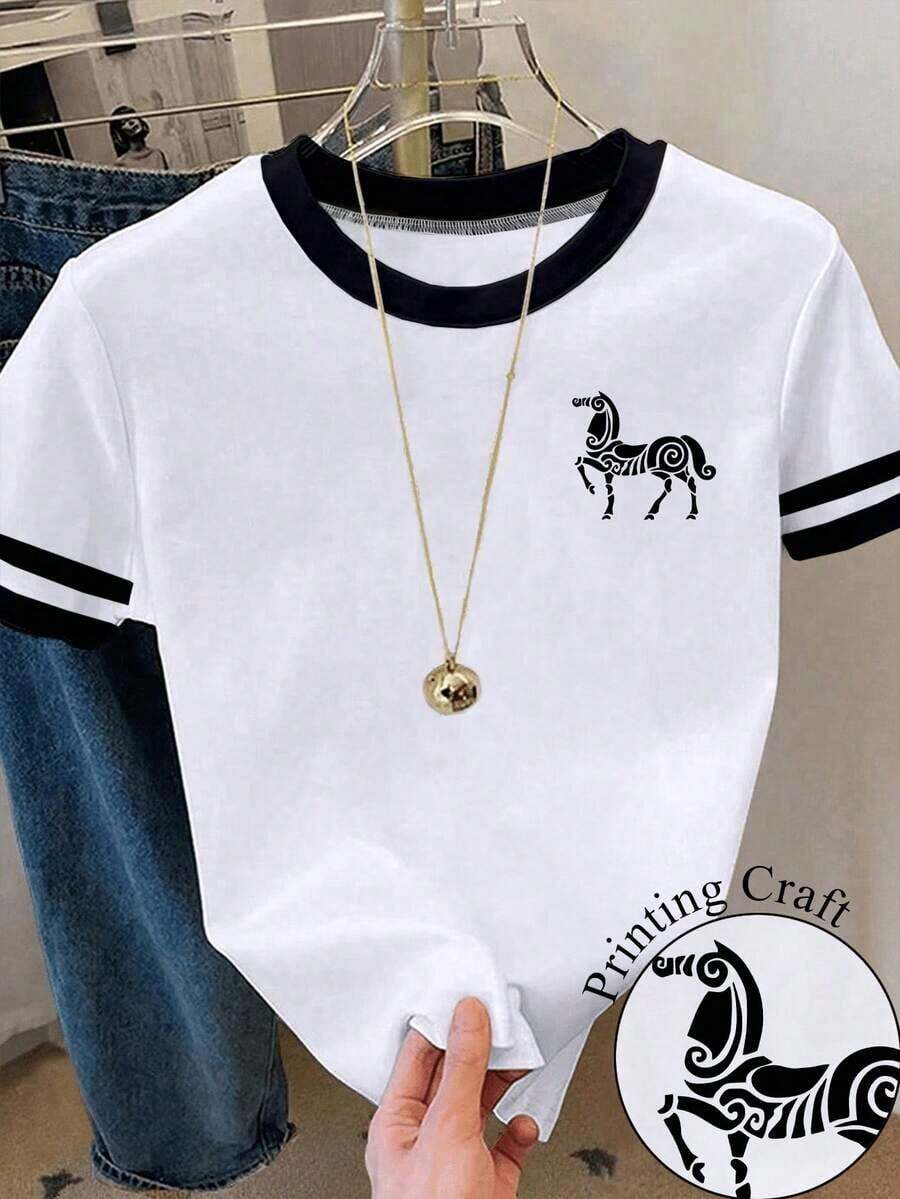 Camiseta de mujer casual de cuello redondo y manga corta con estampado de lazo - Multicolor - Ver 1